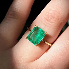 4 CT. 14k Solid Yellow Gold 100 Natural Zambia Emerald Cut Emerald Wedding Ring