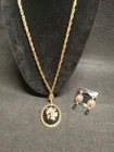 Vintage 1928 Pendant Necklace/ Earrings Set Black Gold Red Rose Flowers