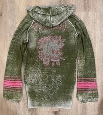 Vintage Y2K Ed Hardy Silk Knit Bling Rhinestone Long Hoodie Skull Roses Medium