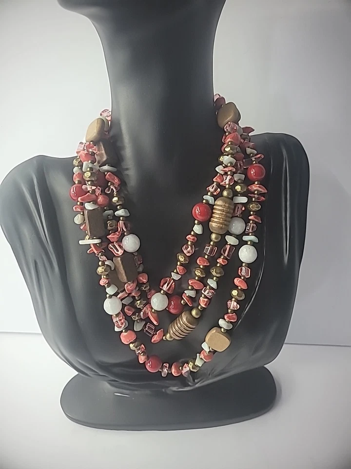 Collar Vintage Aleta Cuentas Largas Vidrio Madera Rosa Rojo Blanco Joyería Disfraz Foto 2 de 4