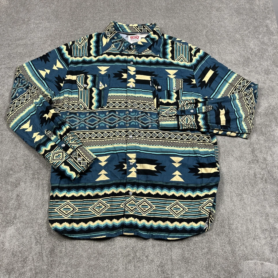Levis Shirt Mens XL Blue Pearl Snap Long Sleeve Aztec Rancher Sawtooth Limited - Image 2 of 4