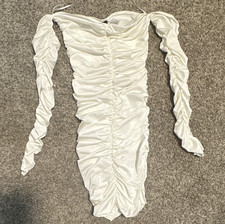DIVIDED H&M White Ruched Off-Shoulder Satin Stretch Bodycon Mini Dress 4
