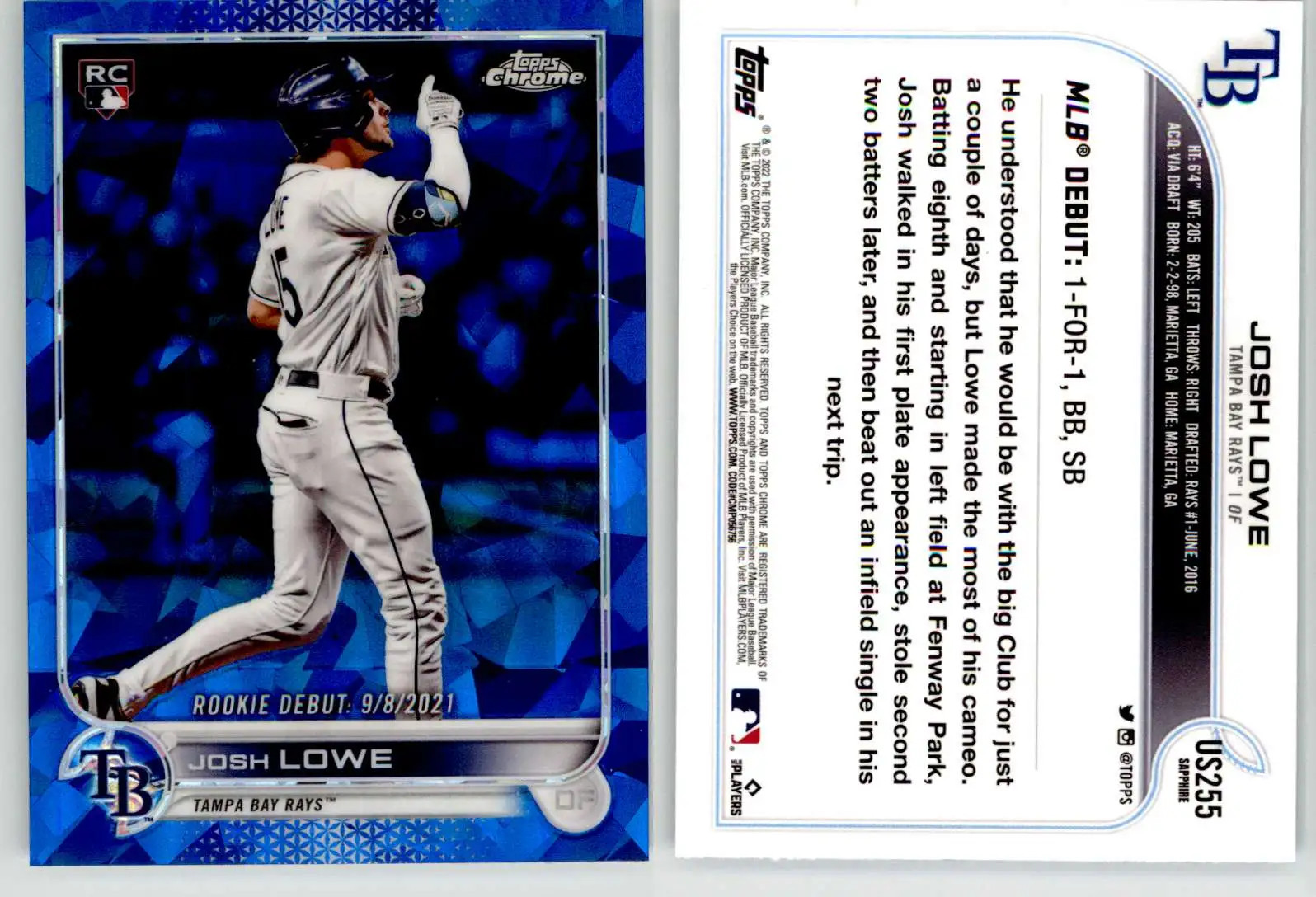 Josh Lowe 2022 Topps Chrome Update Sapphire US255 Rays RC Rookie Debut