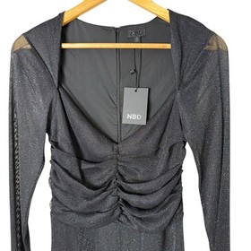 NWT NBD Revolve Sz S Black Shimmer Sienna Catsuit Jumpsuit Sheer Sleeves Ruched