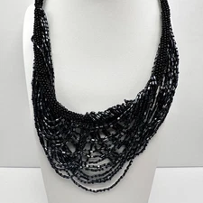 Vintage 90s ZAD Black Multi-Strand Seed Bead Bib Necklace Boho Statement Goth