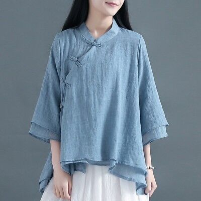 Women Blouse Vintage Linen Gauze Shirt Chinese Traditional Frog Button Tops  HOT | eBay