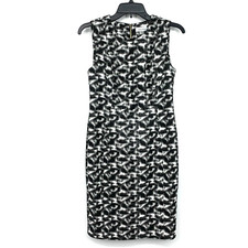 Calvin Klein Dress Womens 8 Petite Black White Printed Sheath Sleeveless Stretch