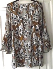 VERO MODA Women's Vintage Mini Dress 70's Brown Bird Pattern 100% Polyester Sz M