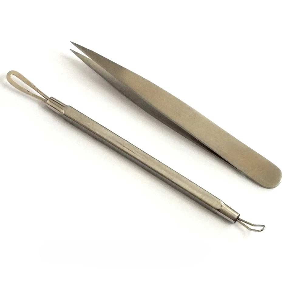2er Set Komedonenquetscher Pinzette Mitesserentferner Haarzupfpinzette NATRA