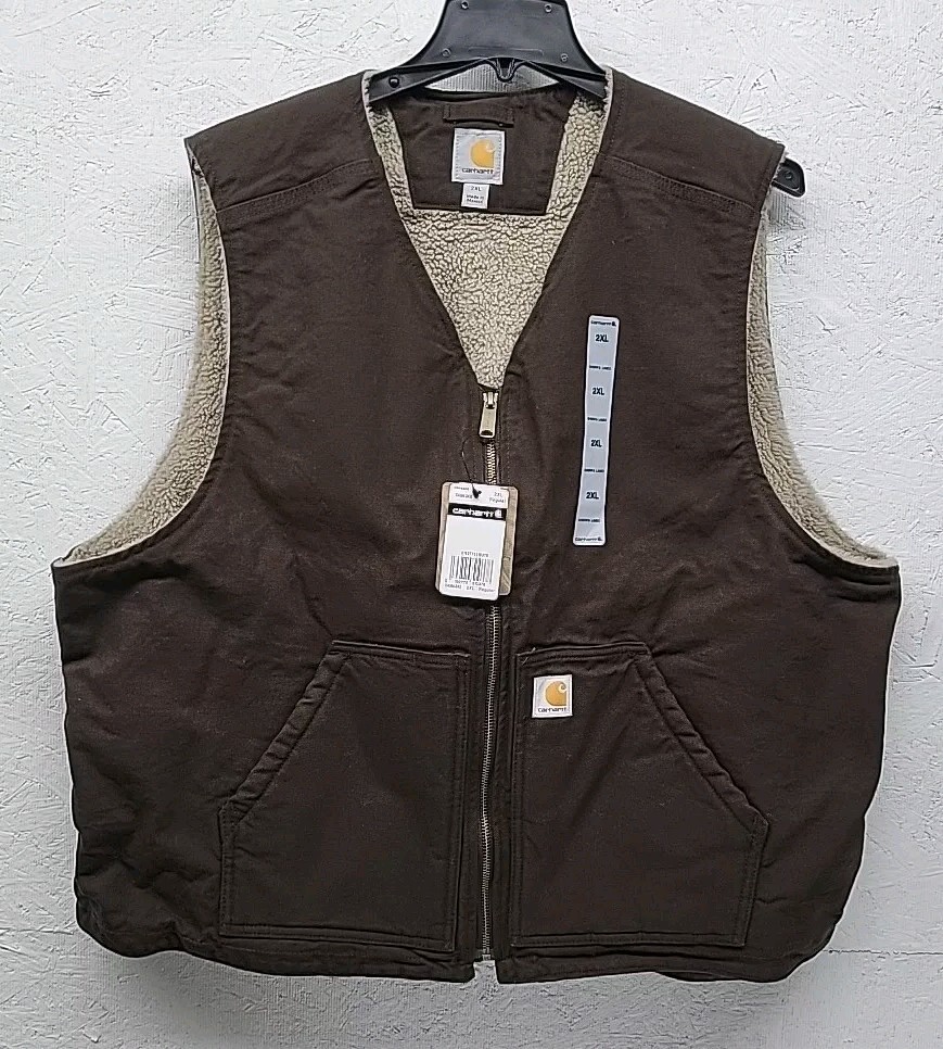 New! Carhartt Sherpa Lined Brown Canvas Vest Mens Size 2XL Reg. 104394- DKB