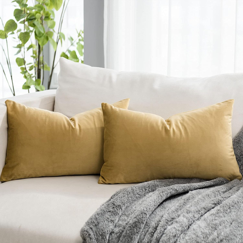 Khaki Decorative Lumbar Velvet Throw Pillow Covers 12X20 Inch Set of 2 with Zipp - Picture 7 of 12