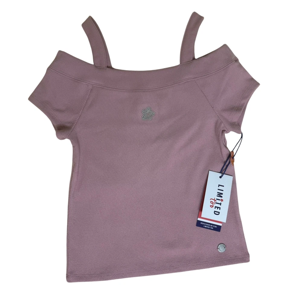 Camiseta Top Limited Too Girls Hombro Frío Bling Flor Acanalada Rosa S 7 8 Nueva con Etiquetas Foto 2 de 4
