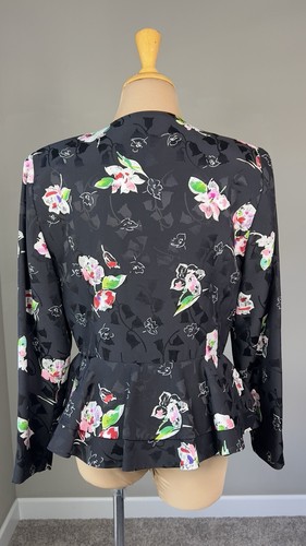 Vintage Lauren Alexander Black Floral Peplum Silk Blazer Jacket M - Picture 2 of 5