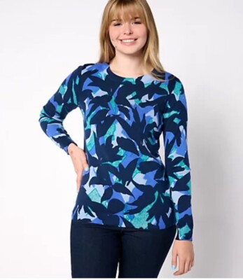 Susan Graver Printed Crewneck Sweater Navy Abstract Medium A624323