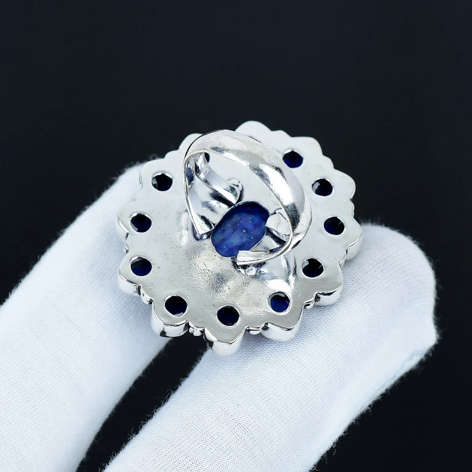 Naturale Lapislazzuli Gemma Anello a Fiore Fatto Mano 925 Argento Sterling Gioie - Immagine 4 di 4