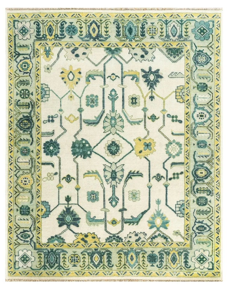 Modern Oushak Hand-Knotted Flora Rug 9x12 Ivory 100% Wool Carpet for Living Room - Image 3 of 4