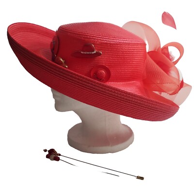 Very Pretty Red Dress/Church Hat by Betmar Betmar Wide Brim Ribbon Church Kentucky Derby Sun Hat Red  main image 3