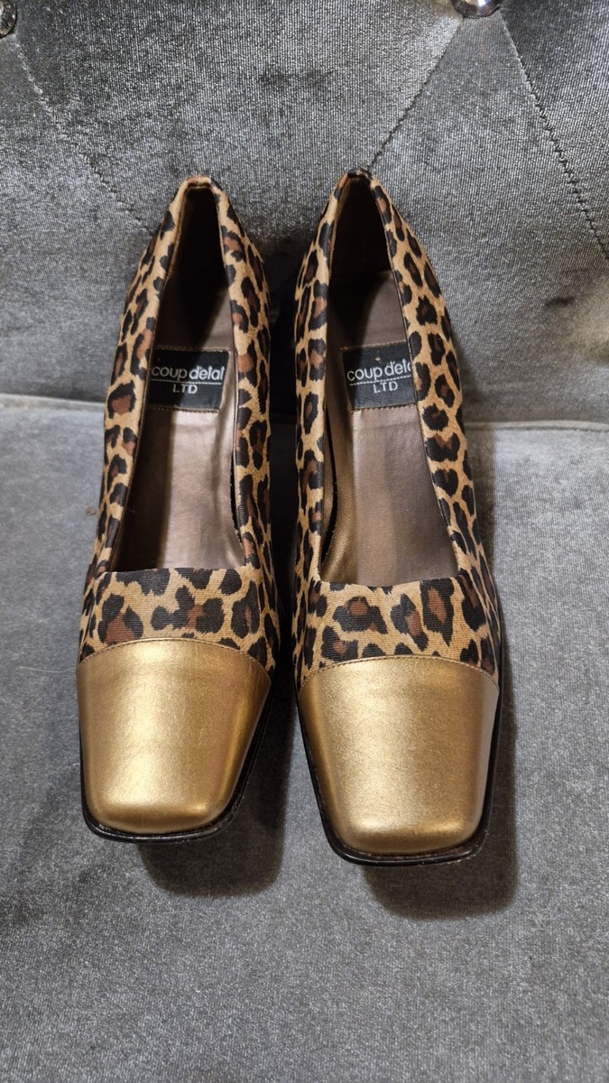 COUP D'TET LTD Cheetah Print Gold Square Toes Hi Heel Pumps, Sz 7, EUC