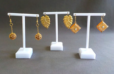 Earrings Pierced 3 Pair  Dangle Drop  Plastic Leaf Square Ball Gold Tone Metal