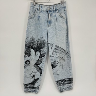 Disney Denim Bershka Women's Size 2 Mickey Mouse Sketch Jeans Pleated Light Wash