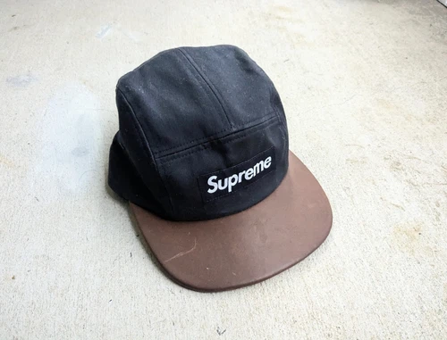 Casquette de camp en cuir Supreme Expedition chapeau 5 panneaux SS15 boîte noire logo BOGO