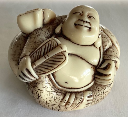 Japanese Netsuke Mini Carved Sculpture Depicting Laughing Budha Hong Kong
