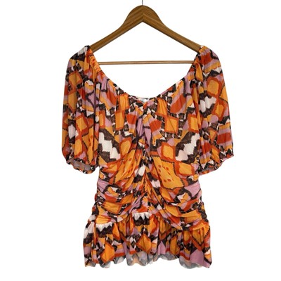 DR2 Daniel Rainn Womens Top XL Orange Ruched Mesh Peplum Puff Sleeve V-Neck