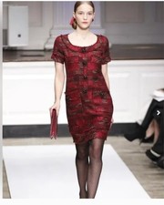 OSCAR de la RENTA Sz 4 Red Black Tweed Short Sleeve Dress Holiday