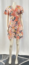 Monteau Wrap Dress Peach Floral Print Short Sleeve V-Neck Women's Size Small