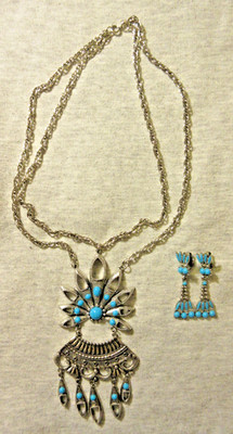 Southwestern Faux Turquoise Squash Blossom Statement Necklace & Earrings Set