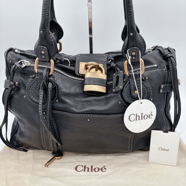 Chloe Paddington Large Black Leather Hand Bag Gold Padlock Key Tag Dust Bag Auth