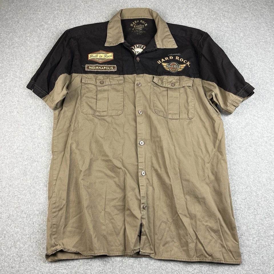 Hard Rock Cafe Mechanic Shirt Men XL Button Up Biker Guitar Co Shirt Tan Patches - Image 2 of 4