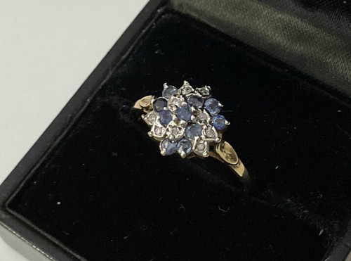 Vintage 9ct 9K Yellow Gold Blue Sapphire Diamond Pinwheel Cluster Ring Size R - Picture 10 of 12