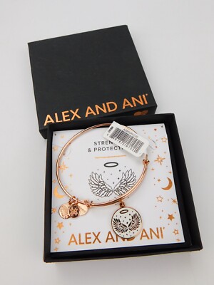 Alex & Ani White Enamel Angel Wings Charm Rose Gold Bangle Bracelet NIB