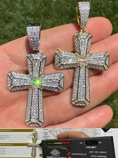 Moissanite Cross W. 1ct Center Stone Pendant - Iced 925 Silver /Gold Necklace