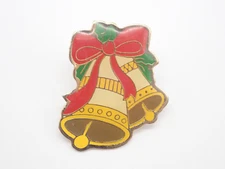 Christmas Bells Red Ribbon Holly Vintage Lapel Pin