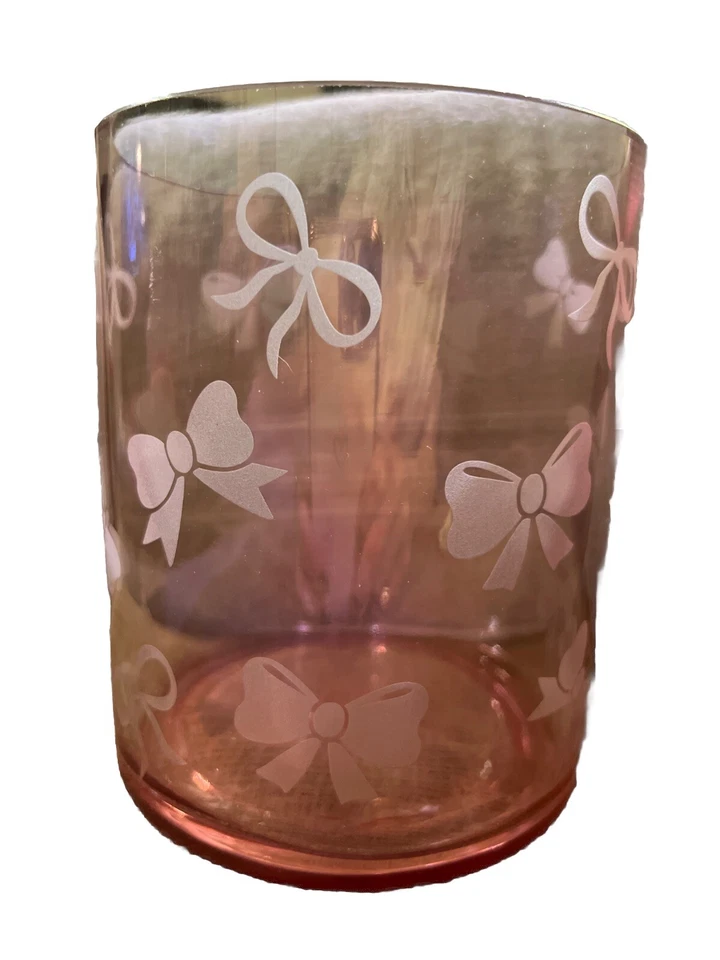 Pink glass Hurricane with Bow Etched Design NEW - Image 3 of 4