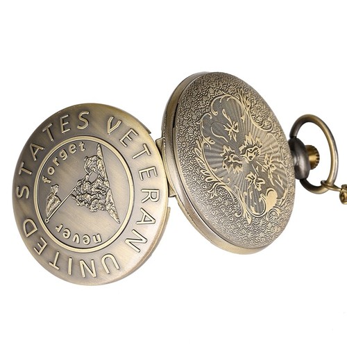 Orologio da tasca uomo bronzo quarzo con catena mai dimenticare completo cacciatore regali natale - Foto 6 di 10