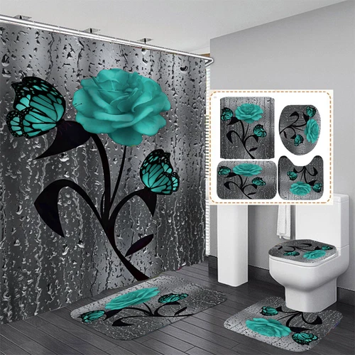 Red Rose Bathroom Non-slip Mat Set Waterproof Shower Curtain Toilet Bath Mat - Bild 25 von 40