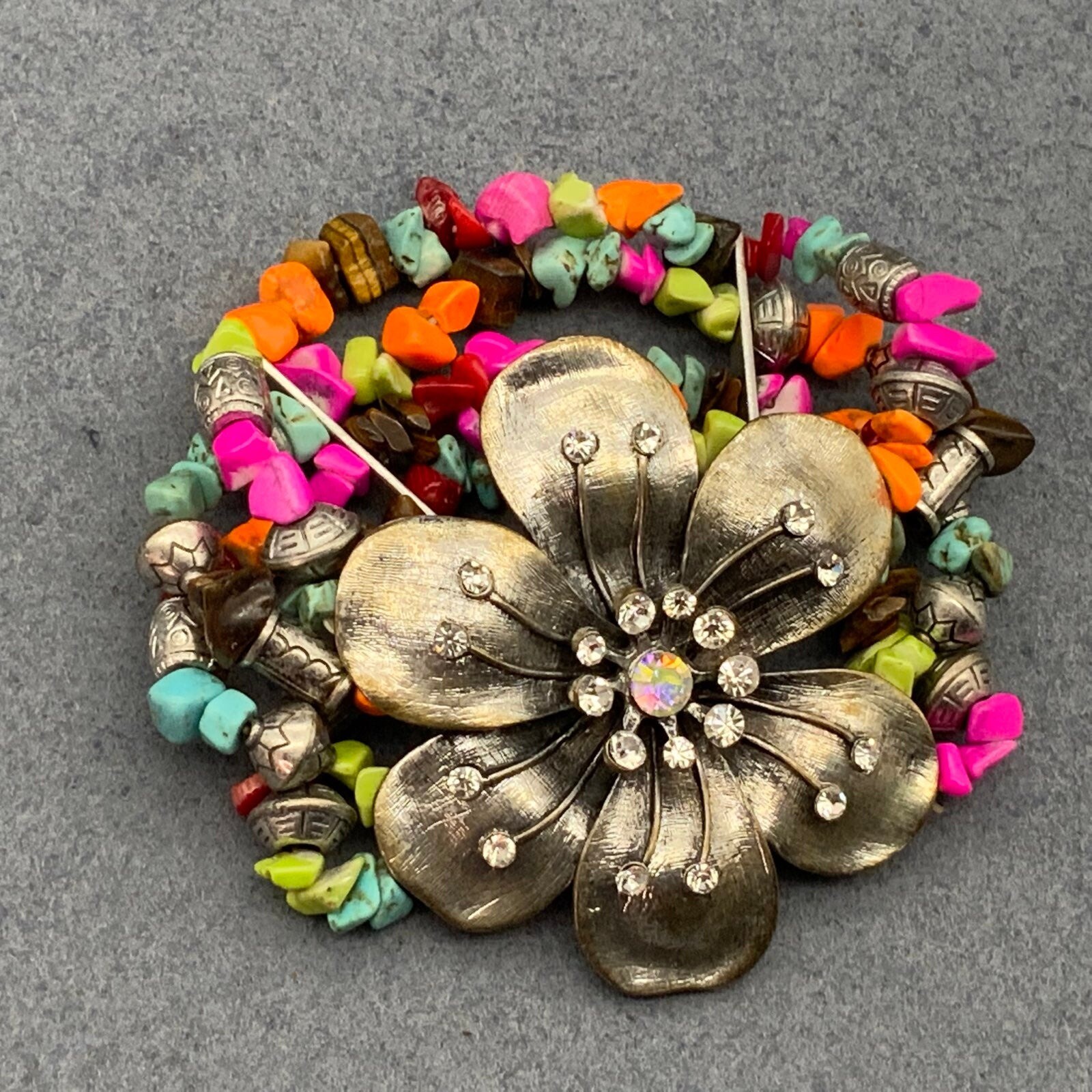 Silver Flower Multicolor Bracelet Multi Strand St… - image 1