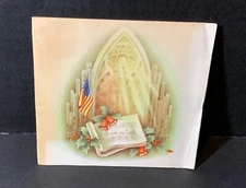VTG Patriotic Christmas Card Stained Glass Window Flag Church Bible Verse Inside