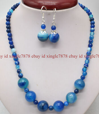 Natural 6mm & 14mm Blue Striped Agate Round Gems Beads Necklace Earrings Set 20''
