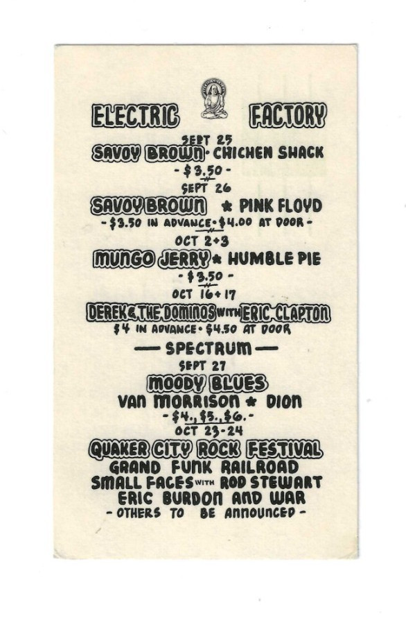 PINK FLOYD HANDBILL / POSTCARD 1970 PHILDELPHIA + ERIC CLAPTON / SMALL FACES
