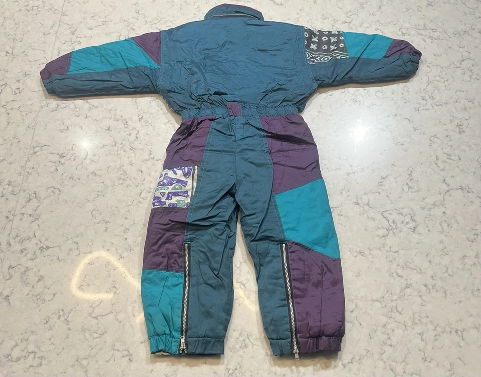 Vintage 80s Retro Kids One Piece Ski Suit Teal Purple Patterned Snow Suit Size 4 - Image 2 of 4