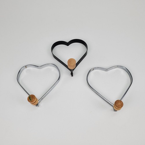 Heart Shaped Egg Pancake Rings Set of 3 Metal Non-Stick Chrome Wood Handle