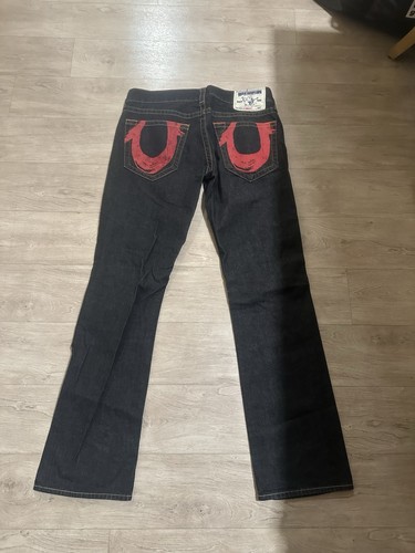True Religion Men's Black Dark Wash Denim Jeans Flared Straight Mid Rise Logo