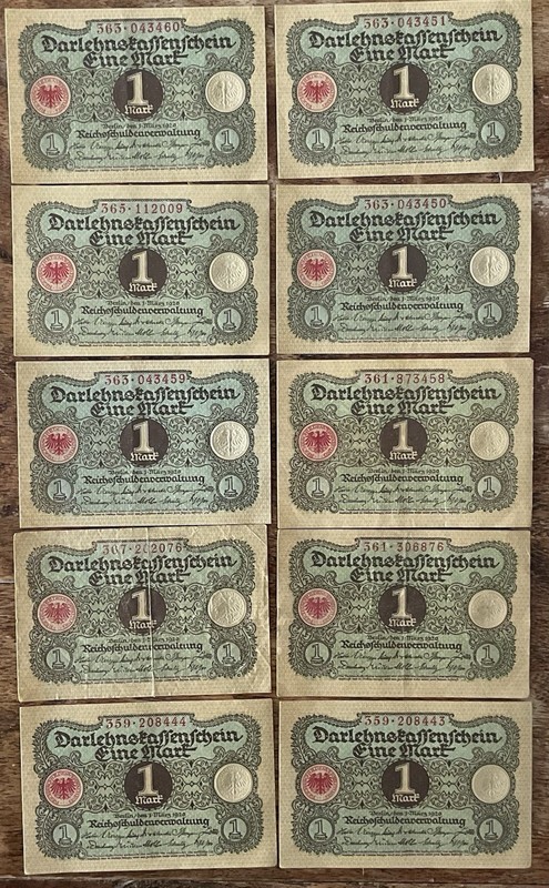 Lot Of 10 - Germany 1920's Post WW1 Era Emergency Currency 1 Mark