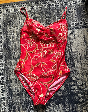 Vintage Sun Streak by Newport News Red Floral One-Piece Swimsuit 12 B Lined