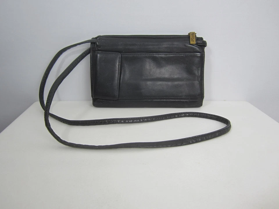 Vintage Fossil schwarz Kiesel Leder Organizer Geldbörse Clutch langer Schulterriemen - Bild 4 von 4