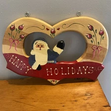 VTG Hand Painted Signed Christmas Santa Clause Wooden Hanging Wall Sign Holiday